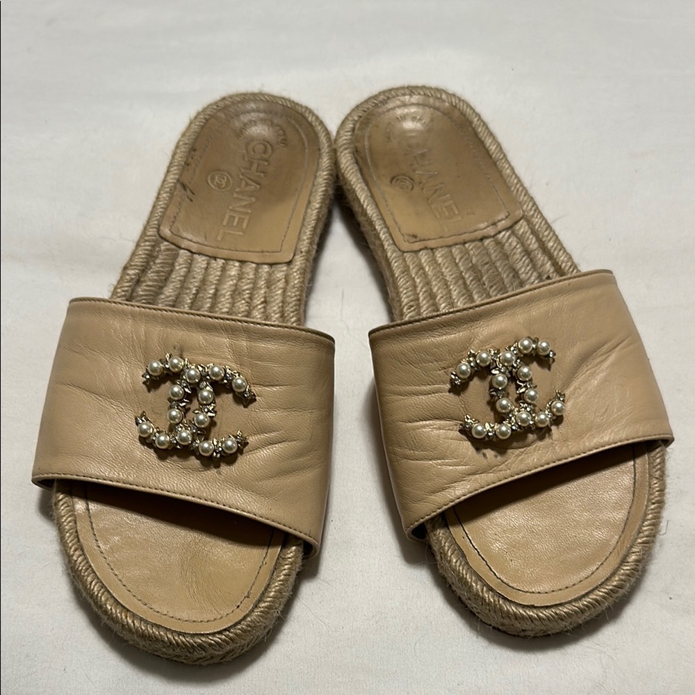 CHANEL Beige Leather Slide Sandals with Pearl Logo